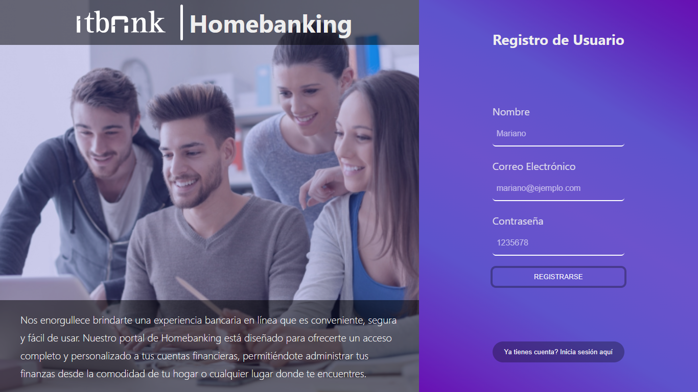 Prevista de la aplicación de homebanking desarrollada para la web. La plataforma se llama ITBANK y allí se pueden realizar operaciones bancarias desde a comodidad de un celular.